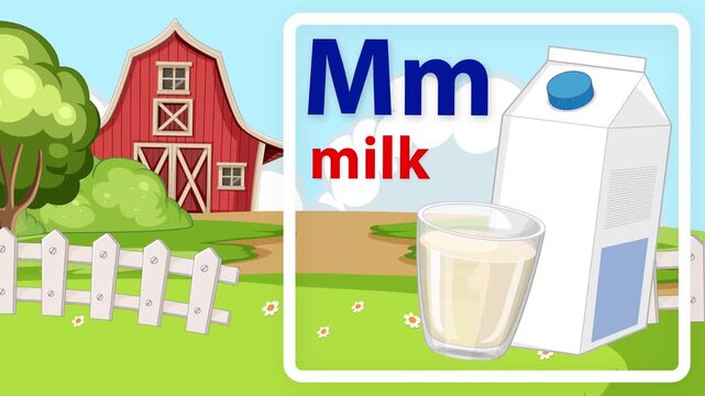 Educational Cartoon Animation for Letter M with Milk and Farm Background