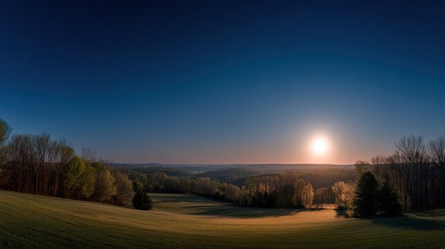 Bright full moon shining over a scenic rural valley landscape at night. Perfect background for nature and travel design projects.