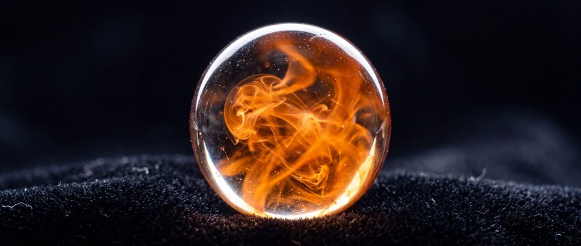 Glowing crystal sphere containing swirling fire flames creates magical energy abstract composition for fantasy themes and visual arts