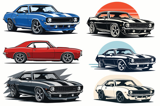 Classic American Muscle Car Vector Set, Vintage Retro Sports Cars Collection Illustration