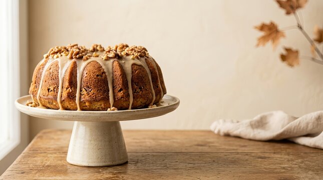 Bundt cake with smooth caramel glaze and crunchy walnut topping served on ceramic pedestal stand representing rustic home kitchen ambiance for cozy afternoon tea time gatherings.