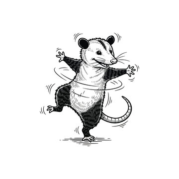 Playful black and white vector illustration of a happy dancing possum spinning around.