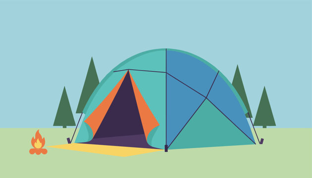 Dome camping tent pitched in a forest clearing near burning campfire with evergreen pine trees in the background.