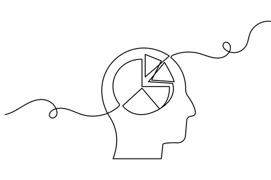 Head pie chart continuous line art depicting a human profile head with a pie chart brain. Features an editable stroke vector style.