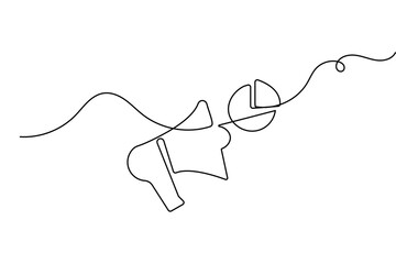 Obraz premium Megaphone pie chart continuous line art showing a megaphone icon broadcasting a pie chart. Features an editable stroke vector style.