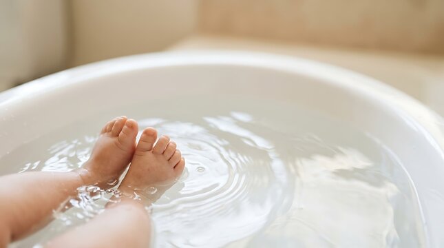 Close-up of cute baby feet in a white bathtub with clean water during bath time