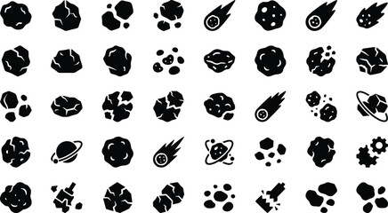 Asteroid and Meteor 40 Solid Icons Set, Space Rocks, Comets, Meteoroids, Planetary Objects, Cosmic Debris and Astronomy Symbols © Subas