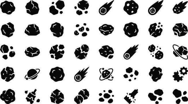 Asteroid and Meteor 40 Solid Icons Set, Space Rocks, Comets, Meteoroids, Planetary Objects, Cosmic Debris and Astronomy Symbols
