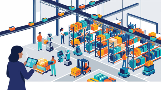 Modern industrial warehouse interior with automated conveyor systems and workers, concept for logistics management, supply chain optimization, and smart factory implementation