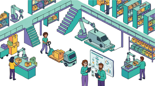 Modern industrial warehouse interior with automated conveyor systems and diverse team collaboration, concept for logistics management, supply chain optimization, and smart factory implementation