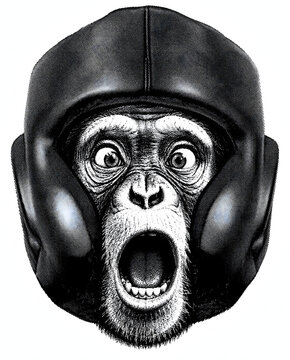 Chimpanzee wearing a protective sports helmet in a vintage engraving style illustration