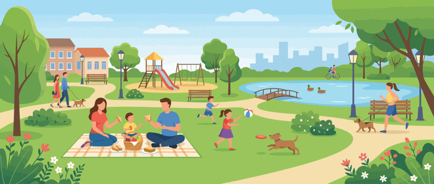 Family picnic and people activities in city park, summer outdoor leisure lifestyle illustration