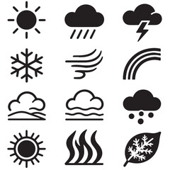 Obraz premium Set of black weather icons featuring sun rain cloud lightning snowflake wind and seasonal elements. A collection of minimalist weather forecast symbols for digital interfaces and mobile applications.