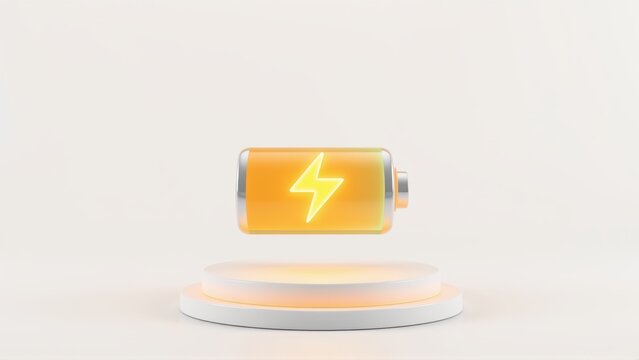 Glowing battery icon floats above pedestal. Bright orange color dominates minimalist scene. Clean design, power symbol visible.