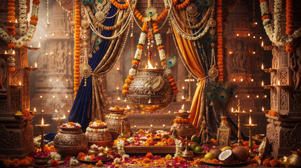 Obraz premium Luxury Janmashtami celebration with a traditional brass butter pot, marigold flowers, jasmine garlands, peacock feathers