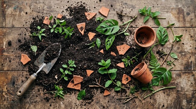 Messy spilled potting soil and pot shards on a scratched wooden table. Authentic gardening background.