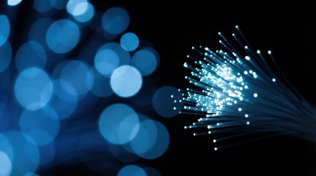 Fiber optic cables glowing with bright blue light in the dark
