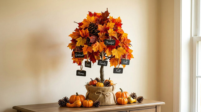 Autumn decorative tree with colorful fall leaves and small pumpkins for thanksgiving.