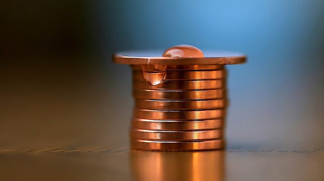 A close-up of stacked coins with a drop of liquid on top, symbolizing finance and wealth.