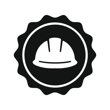 Black construction helmet silhouette badge icon for safety compliance identification in industrial and building work zones