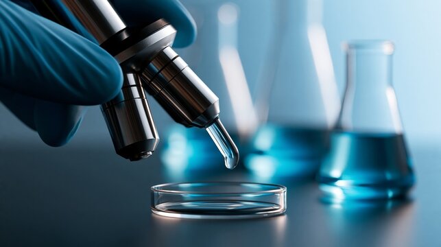 A close-up shot of a dropper dispensing liquid into a glass petri dish.