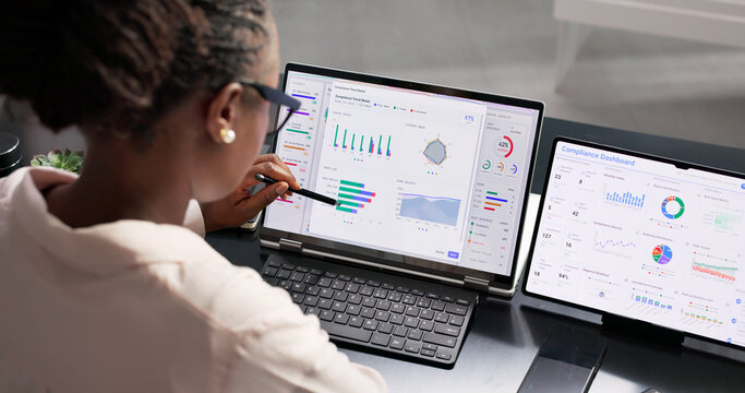 Compliance Officer Carefully Studies Risk Management Dashboard