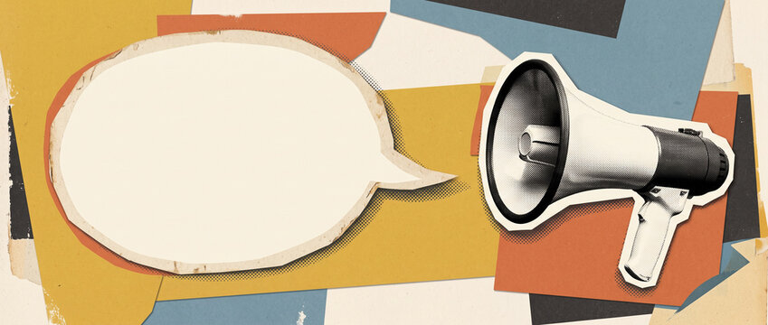 Retro vintage collage banner, social media cover header with megaphone and empty speech bubble announcement concept with empty copy space for text