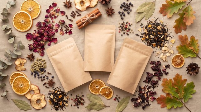 Kraft paper pouch mockup with autumn spices, organic tea packaging design, flat lay of dried orange and cinnamon on linen