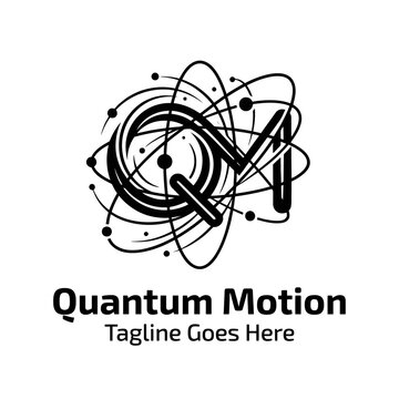 Letter Q quantum physics orbit logo with particles.