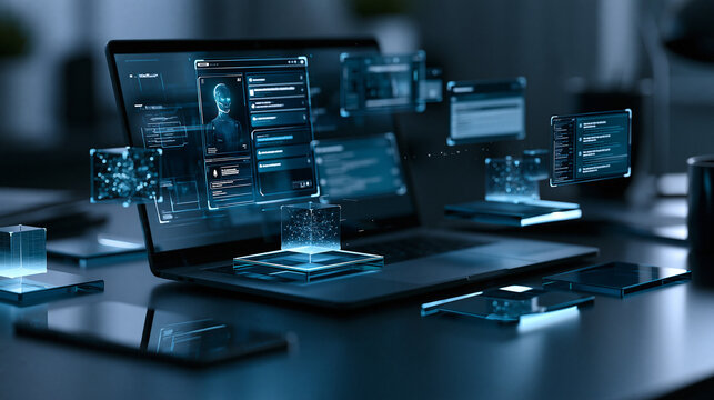 Laptop with floating futuristic digital interface and data windows