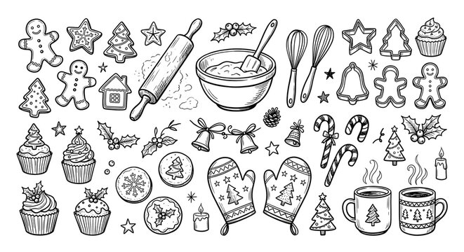 Christmas Eve baking doodle collection featuring gingerbread cookies, cookie cutters, rolling pin, mixing bowl, whisk, candy cane, cupcakes, Christmas cookies, oven mitts, mugs and small Christmas dec