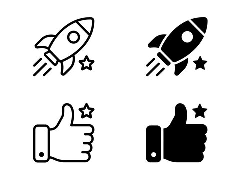 Set of black linear and solid icons representing a rocket launch and like