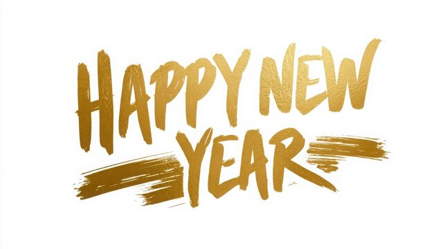 Golden brush lettering reading Happy New Year is displayed on a clean white background with a metallic gold paint stroke underneath.