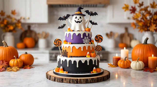 Multi tiered halloween cake decorated with ghost pumpkins bats and spider webs.