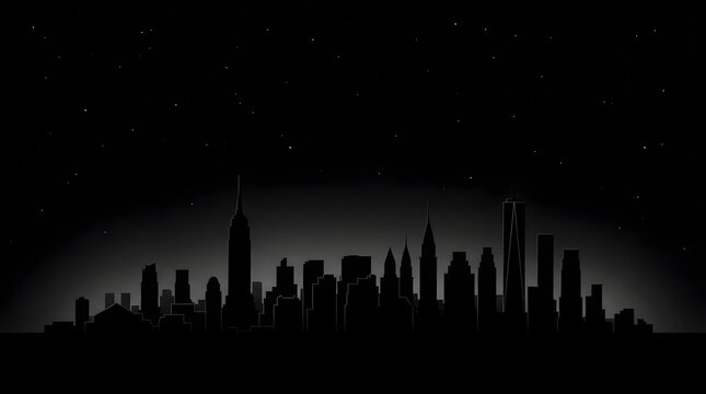 Minimalist black and white silhouette of the new york city skyline at night with a starry sky background