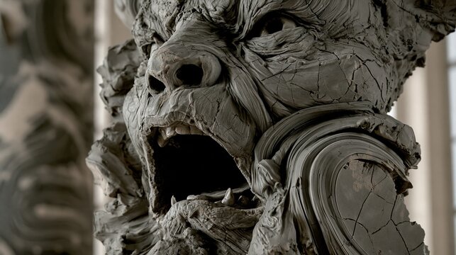 A dramatic sculpture showcasing intricate details and powerful expression in clay.