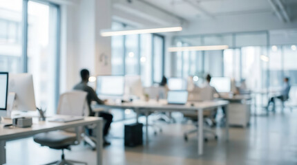 Fototapeta premium Blurred modern office workspaces with professionals working at desks, glass meeting rooms and natural light, soft focus, corporate environment, productivity, teamwork and contemporary workplace