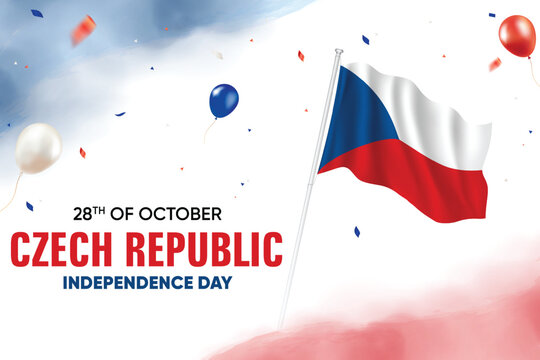 Czech Republic Independence Day. Czech Republic Flag Waving With Floating Balloons On Watercolor Grunge Backgorund Design Vector Illustration.