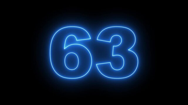 flickering neon number 63 on black background. abstract neon text 63 number countdown timer, glowing neon text number countdown icon background 4k video