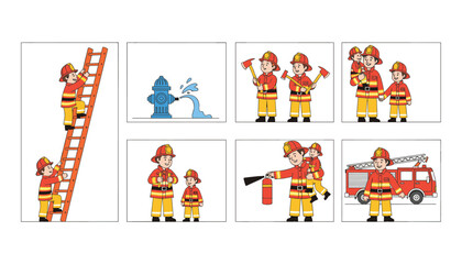Fototapeta premium Brave firefighter characters in various action poses climbing ladders, extinguishing fire, and saving children in flat vector design.