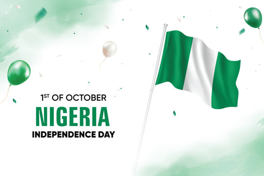 Nigeria Independence Day. Nigeria Flag Waving With Floating Balloons On Watercolor Grunge Backgorund Design Vector Illustration.
