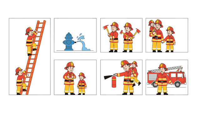 Brave firefighter characters in various action poses climbing ladders, extinguishing fire, and saving children in flat vector design.