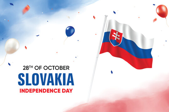 Slovakia Independence Day. Slovakia Flag Waving With Floating Balloons On Watercolor Grunge Backgorund Design Vector Illustration.