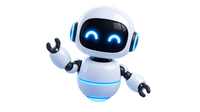 A futuristic 3D white robot character waves hello with glowing blue LED eyes on a white background. Cute chatbot mascot represents virtual artificial intelligence support. Vector icon design.