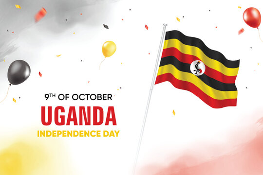 Uganda Independence Day. Uganda Flag Waving With Floating Balloons On Watercolor Grunge Backgorund Design Vector Illustration.