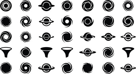 Swirl and Ringed Planet 35 Solid Icons Set, Spiral Vortex, Saturn, Circular Motion, Cosmic Objects, Funnels and Abstract Space Symbols © Subas