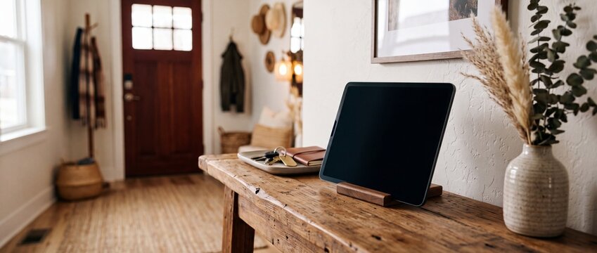 Empty digital tablet resting on wooden table stand near entry hallway featuring warm lighting and rustic decor elements in modern house