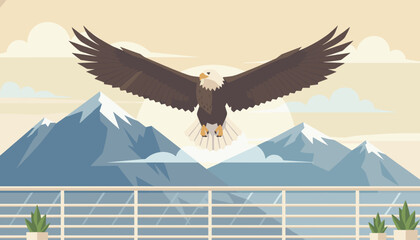 Fototapeta premium Majestic bald eagle soaring gracefully with wings spread wide over snowy mountain peaks under a soft sunset sky.