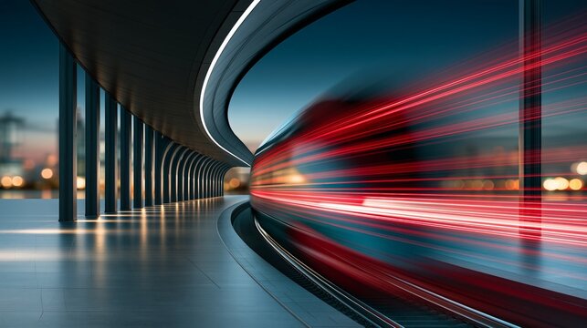 A high-speed train blurs past an empty modern station at dusk, showcasing urban transit.