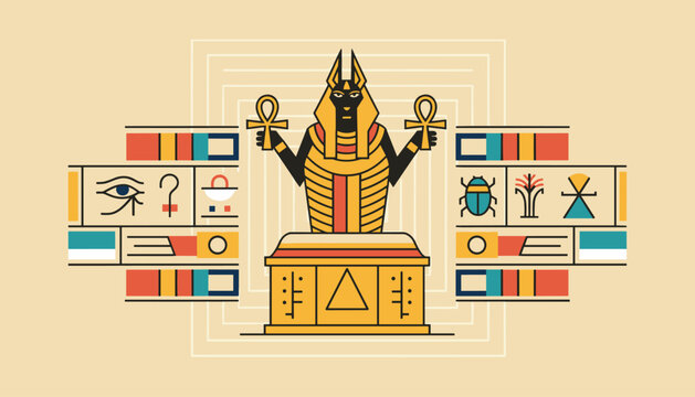 Egyptian god Anubis holding golden ankh symbols behind a sarcophagus decorated with ancient hieroglyphs in vector.